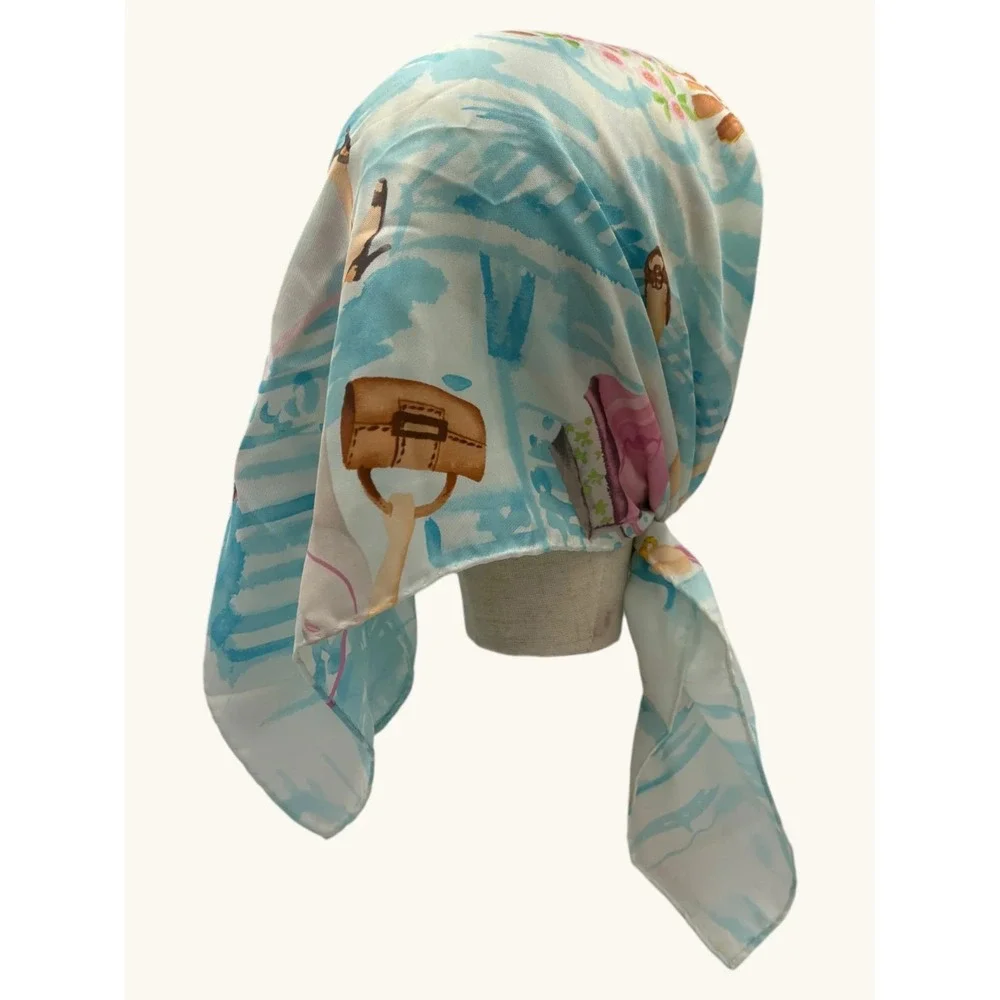 Talbots Silk Scarf Blue Pink Novelty Print Women Shopping Dogs Square Scarf
